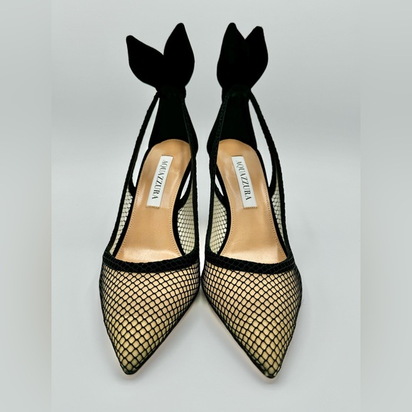 NWT Aquazzura Bow Tie Mesh Pump Heels 85 Mesh/Suede Black 37 W Box & Dust Bag - Picture 4 of 16